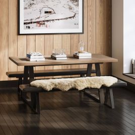 HADMORE Dining Table Set with 2 Benches - Natural and Black