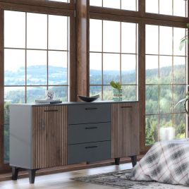 Hugorres Dark Grey And Slated Rustic Oak Effect Large Wide 2 Door  3 Drawer Sideboard