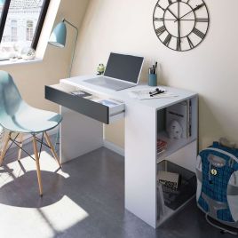 Montrealuxe Grey and White Desk with Drawer and Shelves - Grey