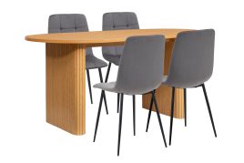 AUREN Fluted Oval Dining Table with 4 Fabric Chairs - Oak