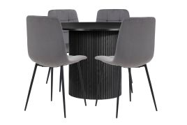 AUREN Fluted Round Dining Table with 4 Fabric Chairs - Black