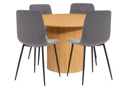 AUREN Fluted Round Dining Table with 4 Fabric Chairs - Oak