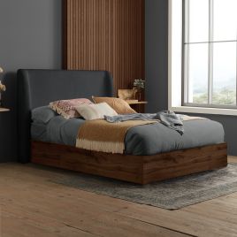 THALDEN Double Wooden Ottoman Storage Bedframe - Dark Oak with Grey