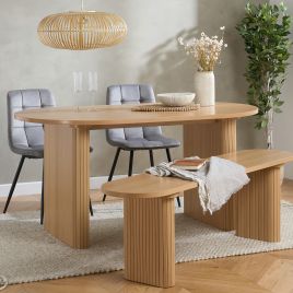 AUREN Fluted Oval Dining Table with 2 Chairs and Bench - Oak