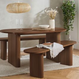 AUREN Fluted Oval Dining Table with 2 Benches - Walnut