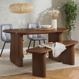 AUREN Fluted Oval Dining Table with 2 Chairs and Bench - Walnut