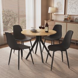 NEXO Round Dining Table with 4 Curve Plastic Chairs - Light Oak with Black