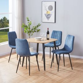 NEXO Square Dining Table with 4 Straight Stitch Fabric Chairs - Light Oak with Blue