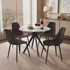 NEXO Sintered Stone Round Dining Table with 4 Curve Plastic Chairs - Gloss White with Black