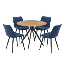 NEXO Round Dining Table with 4 Diamond Stitch Fabric Chairs - Light Oak with Blue