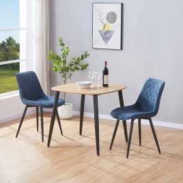 NEXO Square Dining Table with 2 Diamond Stitch Fabric Chairs - Light Oak with Blue