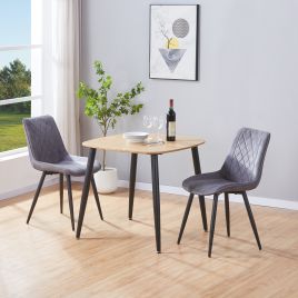 NEXO Square Dining Table with 2 Diamond Stitch Fabric Chairs - Light Oak with Grey