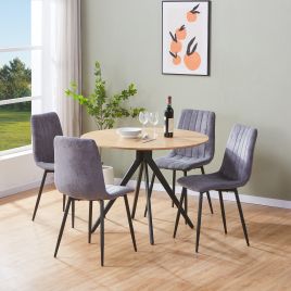 NEXO Round Dining Table with 4 Straight Stitch Fabric Chairs - Light Oak with Grey
