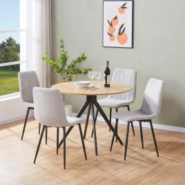 NEXO Round Dining Table with 4 Cord Straight Stitch Fabric Chairs - Light Oak with Light Grey