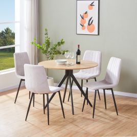 NEXO Round Dining Table with 4 Straight Stitch Fabric Chairs - Light Oak with Natural