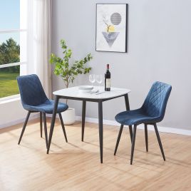 NEXO Sintered Stone Square Dining Table with 2 Cord Diamond Stitch Fabric Chairs - Gloss White with Blue