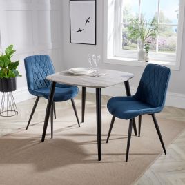 NEXO Square Dining Table with 2 Diamond Stitch Fabric Chairs - Grey Oak with Blue