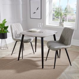 NEXO Square Dining Table with 2 Diamond Stitch Fabric Chairs - Grey Oak with Light Grey