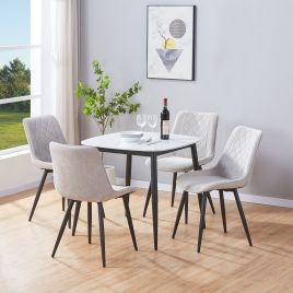NEXO Sintered Stone Square Dining Table with 4 Cord Diamond Stitch Fabric Chairs - Gloss White with Light Grey