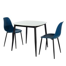 NEXO Sintered Stone Square Dining Table with 2 Curve Plastic Chairs - Gloss White with Blue