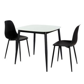 NEXO Sintered Stone Square Dining Table with 2 Curve Plastic Chairs - Gloss White with Black