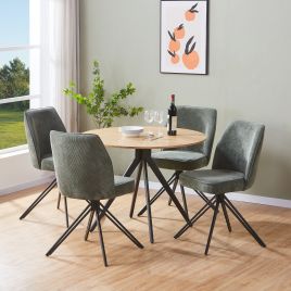 NEXO Round Dining Table with 4 Swivel Fabric Chairs - Light Oak with Green