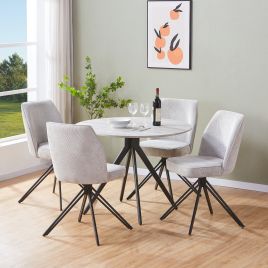 ASHES Round Wood Dining Table with 4 Swivel Fabric Chairs Set - Grey
