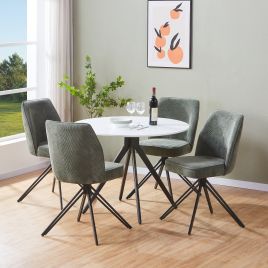 ASHES Round Wood Dining Table with 4 Swivel Fabric Chairs Set - White