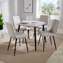 NEXO Square Dining Table with 4 Straight Stitch Fabric Chairs - Grey Oak with Natural