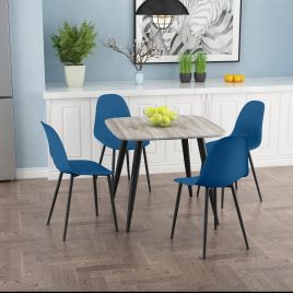 NEXO Square Dining Table with 4 Curve Plastic Chairs - Grey Oak with Blue
