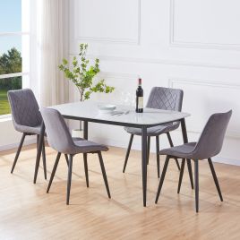 NEXO Sintered Stone Rectangular Dining Table with 4 Diamond Stitch Fabric Chairs - Gloss White with Grey