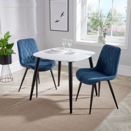 NEXO Square Dining Table with 2 Diamond Stitch Fabric Chairs - White with Blue