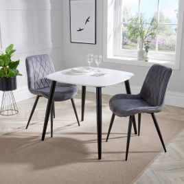 NEXO Square Dining Table with 2 Diamond Stitch Fabric Chairs - White with Grey