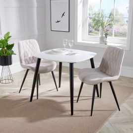 NEXO Square Dining Table with 2 Diamond Stitch Fabric Chairs - White with Light Grey