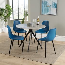 NEXO Round Dining Table with 4 Curve Plastic Chairs - Grey Oak with Blue