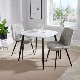 NEXO Square Dining Table with 2 Diamond Stitch Fabric Chairs - White with Natural