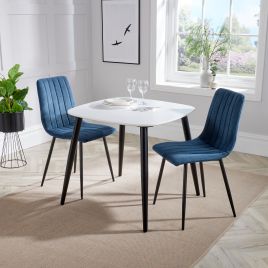 NEXO Square Dining Table with 2 Straight Stitch Fabric Chairs - White with Blue