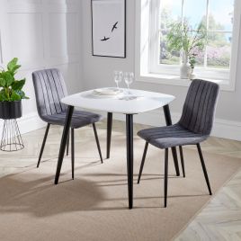 NEXO Square Dining Table with 2 Straight Stitch Fabric Chairs - White with Grey