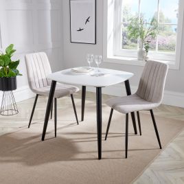 NEXO Square Dining Table with 2 Straight Stitch Fabric Chairs - White with Natural