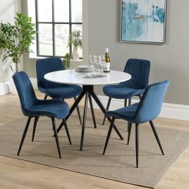 NEXO Round Dining Table with 4 Diamond Stitch Fabric Chairs - White with Blue