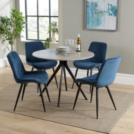NEXO Round Dining Table with 4 Diamond Stitch Fabric Chairs - Grey Oak with Blue