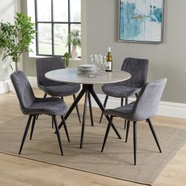 NEXO Round Dining Table with 4 Diamond Stitch Fabric Chairs - Grey Oak with Grey