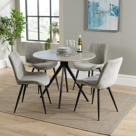 NEXO Round Dining Table with 4 Diamond Stitch Fabric Chairs - Grey Oak with Light Grey