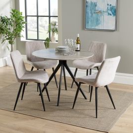 NEXO Round Dining Table with 4 Diamond Stitch Fabric Chairs - Grey Oak with Natural