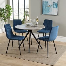 NEXO Round Dining Table with 4 Straight Stitch Fabric Chairs - Grey Oak with Blue