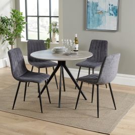 NEXO Round Dining Table with 4 Straight Stitch Fabric Chairs - Grey Oak with Grey