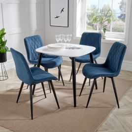 NEXO Square Dining Table with 4 Diamond Stitch Fabric Chairs - White with Blue