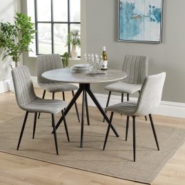 NEXO Round Dining Table with 4 Straight Stitch Fabric Chairs - Grey Oak with Light Grey
