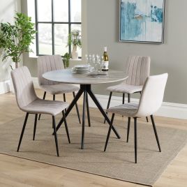 NEXO Round Dining Table with 4 Straight Stitch Fabric Chairs - Grey Oak with Natural