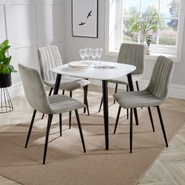 NEXO Square Dining Table with 4 Straight Stitch Fabric Chairs - White with Light Grey